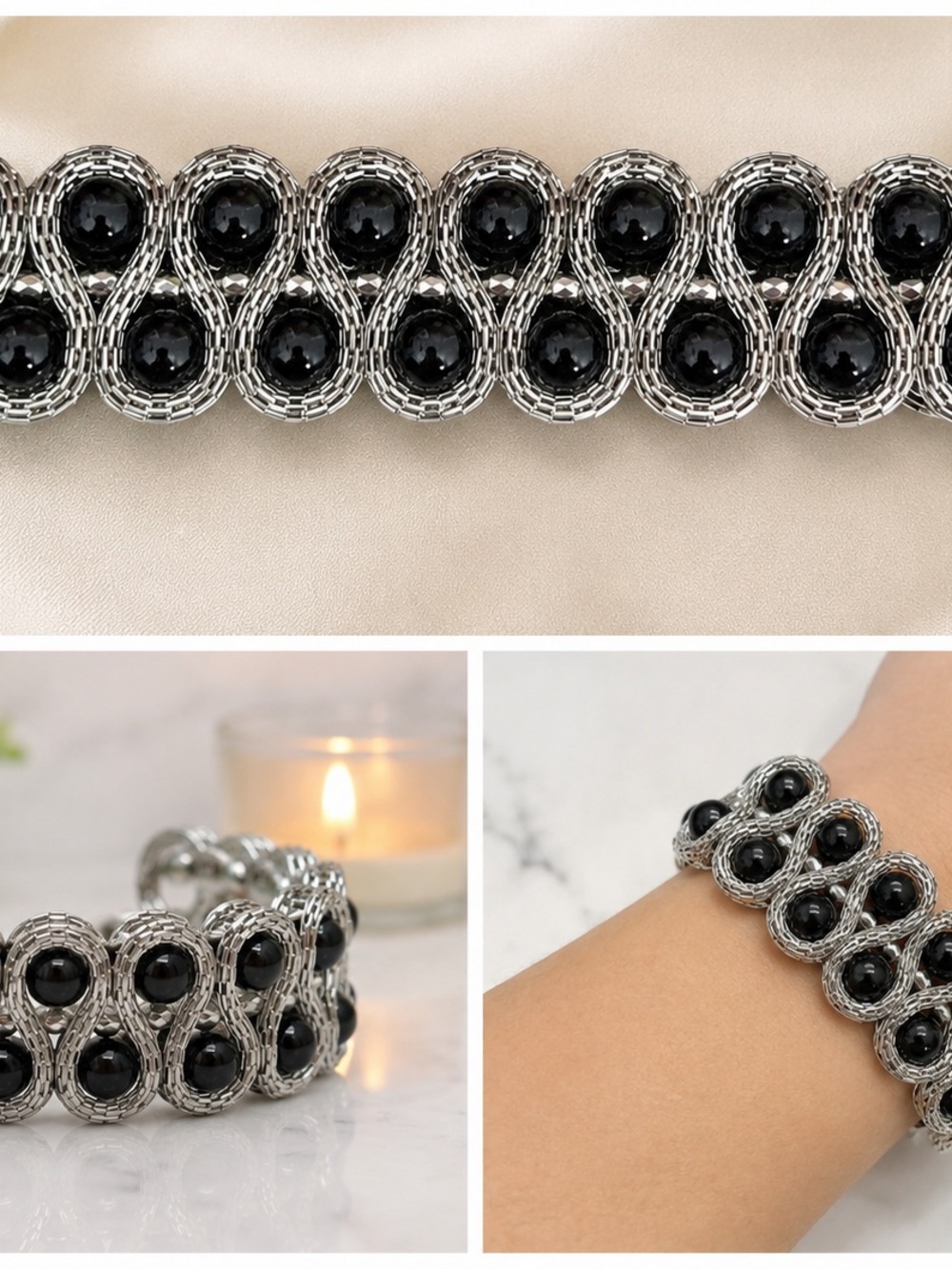 Black Bead Silver-Tone Woven Stretch Bracelet